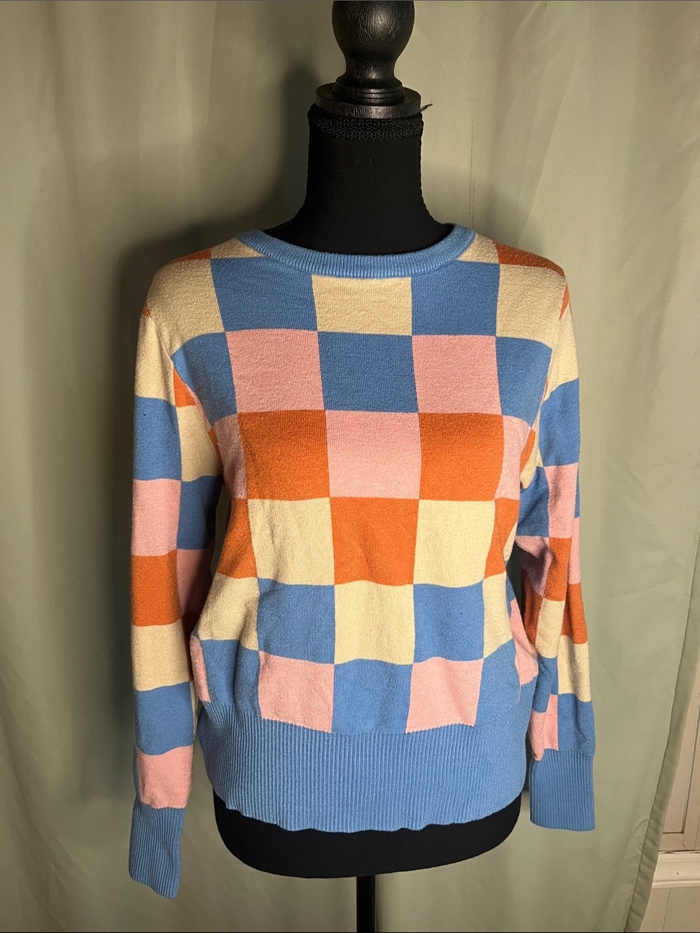 THML COLORBLOCK Checkered Knit Sweater Pastel Blue, Pink, Orange, Cream